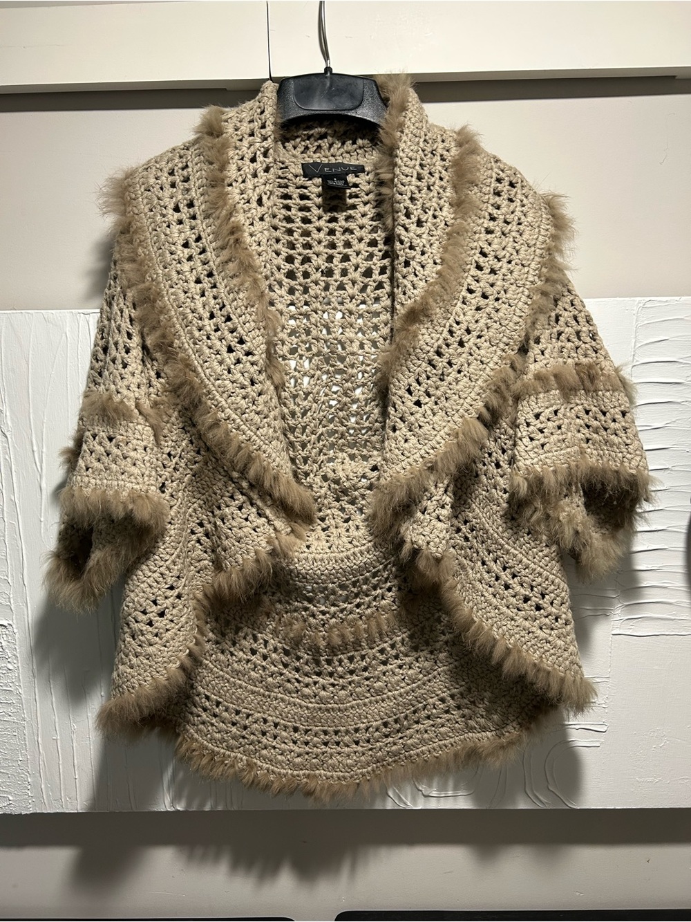 Venue Y2K Genuine Rabbit Fur Trim Crochet Cardigan Sweater Size Small